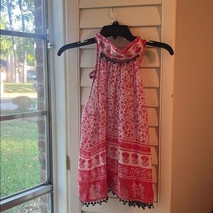 THML Medium Red Boho Sheer Boho Halter Top Button Back Tie Neck